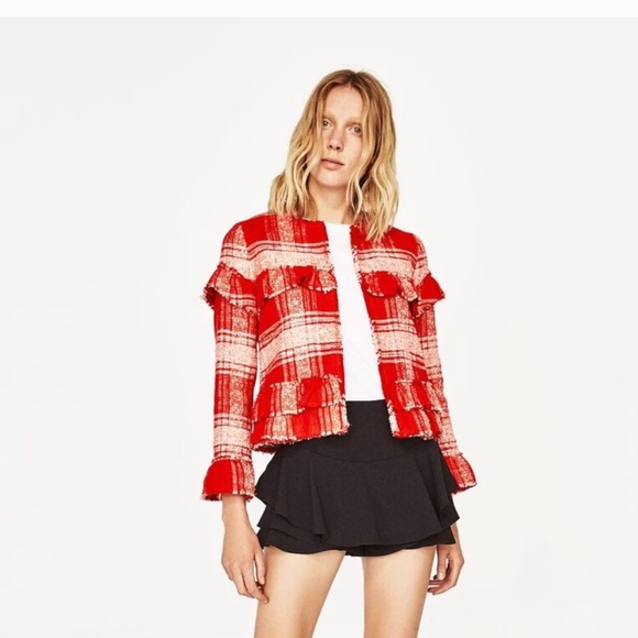NWOT Zara Red Plaid Tweed Jacket - Picture 2 of 10